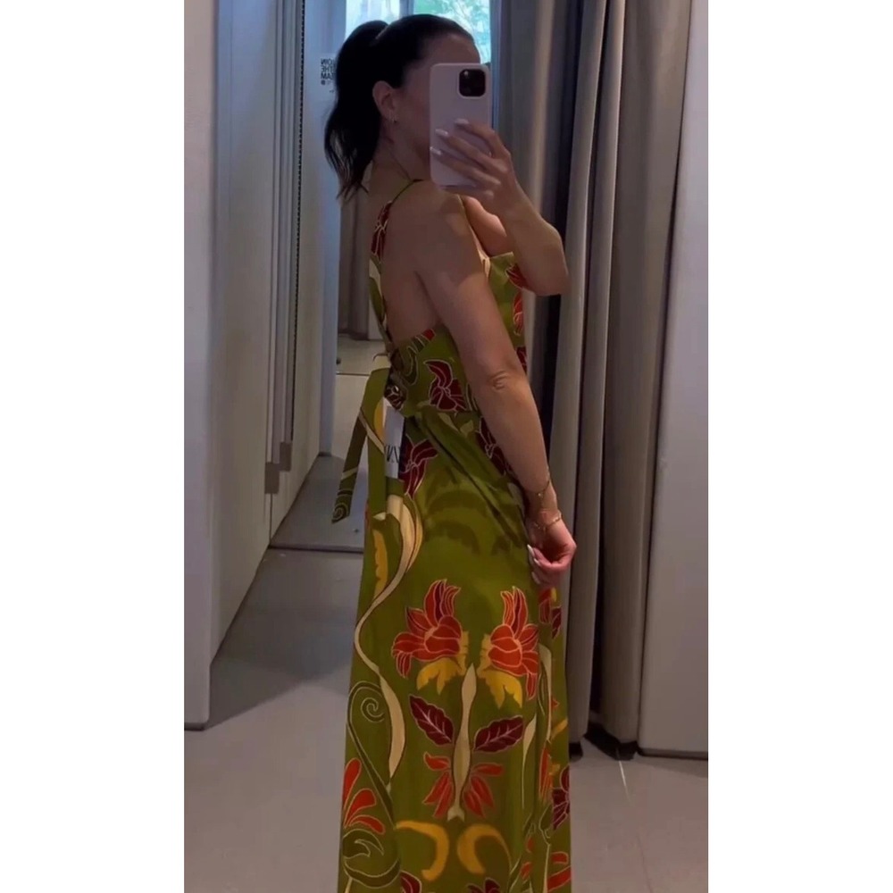 Zara Floral Midi Dress Medium Green Tropical Cotton V-Back Sleeveless New tie up - Picture 15 of 16